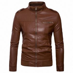 Nowa męska zimowa skórzana kurtka motocyklowa podszewka z Veet Stand kołnierz Air Force Casual Faux Pu Brown Windbreaker S-3xl S39i#