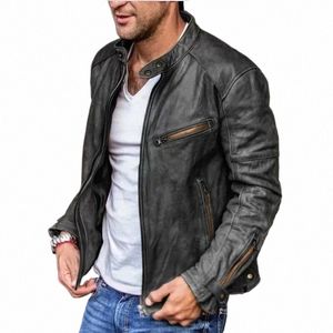 Мужская повседневная куртка на молнии, осень-зима, винтажная куртка из искусственной кожи, мужская куртка с воротником-стойкой и рукавом Lg, мотоциклетная куртка 39tE #