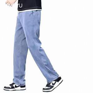 brand Clothing Summer New Soft Lyocell Fabric Jeans Men Blue Elastic Waist Loose Straight Thin Denim Trousers Male Plus Size 5XL B65N#