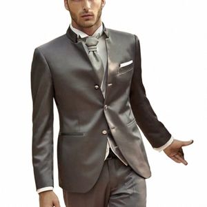 Män passar grå stativ krage eleganta jacka byxor väst tre datorer nuevo en trajes y blazers kostym homme de luxe pour le mariage c0xf#