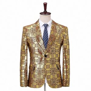 Shenrun Men Blazers Gold Floral Wzór Slim Casual Sucible Kurtka Pracy Piosenkarzy Gospodarz Perkusista Blazer Costume Plus Size Q8RG#