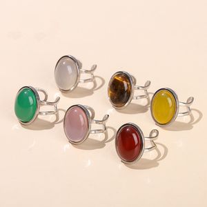 Natural Stone Red Agate Oval Shape Stainless Steel Open Ring Women Vintage Big Cabochon Adjustable Healing Rings