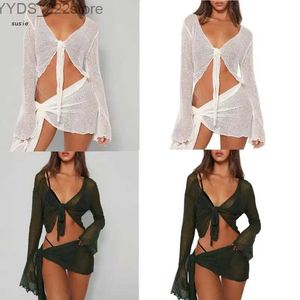 Skirts Skorts Womens 2 Piece Cover Up See Through Swimsuit Sheer Mesh Tie Knot Long Sleeve Crop Top and Mini Wrap Skirt Sarong Outfit yq240328