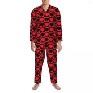 Hemkläder Valentine Hearts Pyjama Set Black and Red Sweet Sleepwear Men Long Sleeve Retro Daily Two Piece Nightwear Plus Size