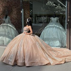 Szampan brokat z ramion quinceanera sukienka do balowej suknia balowa koronkowa koralika kryształy gorset sweet 16 vestido de 15 anos
