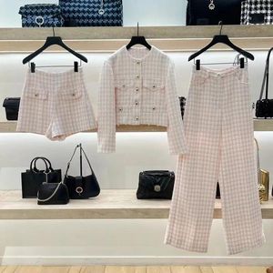 Women's Two Piece Pants 2024 Spring Plaid Tweed Suit For Women O-Neck Single Breasted Coat Or High Waist Wide Leg Long Shorts