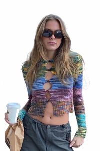 Ayualin O-Neck LG Sleeve Autumn Sweters 2022 Boho Rainbow Striped Fater płaszcz seksowna pusta sweter kardigan dla kobiet i5ug#