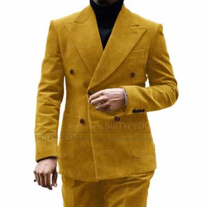 Corduroy Suit Men Slim Fit Classic Fide Breaste Matter Pants 2PCS Dostane wiosenne wiosenne jesień Busin Wedding Groom Tuxedo Zestaw Q5ww#