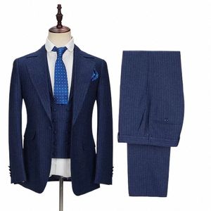 Azul marinho Riscas Men Suit Tailor-Made 3 peças Blazer Colete Calças One Butt Wedding Groom Busin Causal Prom Tailored m4MG #