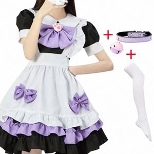 Anime Maid Lolita Dr Cosplay Costume Purple Pink Women Loli Dr Cat Claw Maid Bow Bell Klar i białe pończochy J1CN#