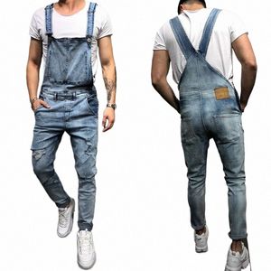 FI Herrens rippade jeans Jumpsuits Ankle Längd Brev Utskrift Distred Denim Bib Overall för män Jeans Suspender Pants O6C1#