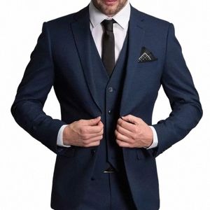 Abiti da uomo blu scuro slim fit con risvolto con risvolto smoking da sposa set da 3 pezzi su misura Busin costume da uomo giacca + pantaloni + gilet 80QX #