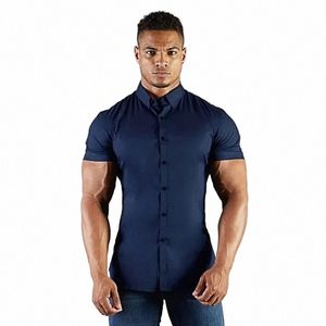 Camisa masculina de verão Busin manga curta Turn-down Collar Smoking Camisa Fi Super Slim Fit Masculino Social Dr Camisa c0cI #