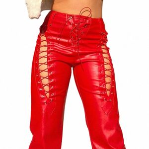 woman pants High Waist Pants Hollow Out Bandage Sexy Autumn Trend Leather Club Slim Streetwear Weird Puss Faux PU Y2K Trousers 60pd#