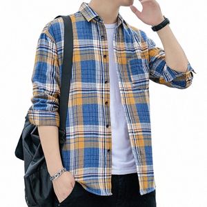 Varumärkes casual Men's Plaid Shirt 2024 Spring New Boutique Lads Loose Blue and Tops LG Sleeve Blauses Clothes T8mi#