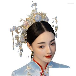 Hair Clips Barrettes Blue Xiuhe Clothing Headwear Brides Phoenix Crown Colored Glass Chinese Accessories Atmospheric Tassels Drop Deli Ot5Dp