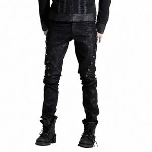 punk RAVE stile uniforme da uomo Steampunk Street bello dritto elastico pantaloni Fi nero rivetto uomo pantaloni a matita P2LZ #