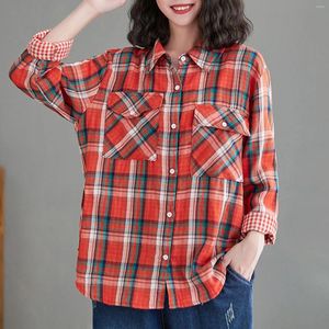 Women's Blouses Bright Gingham Oversized Shirts For Women Street Style Casual Shacket And Tops Single-Breasted Spring 2024