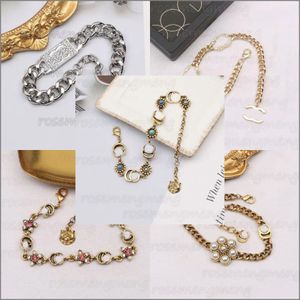 Luxury Design Bangles Brand Letter Bracelet Chain Famous Women 18K Gold Plated Crysatl Rhinestone Pearl Wristband Link Chain Gifts305r