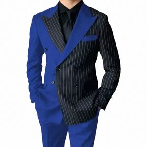 Chegada nova Cor Azul e Preto Stripe Design Double Breasted Peak Lapel Smart Casual Prom Full Set Especial 2 Piece Jacket Pant 403J #