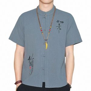 Nuovo Stile Cinese Mens Top Tang Abito di Lino Manica Corta Solido Tradizionale Kung Fu Stile Hanfu Maschile Camicia con colletto alla coreana 44le #