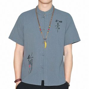 Neue chinesische Art-Männer Tops Tang-Anzug Leinen Kurzarm Solid Traditial Kung Fu China-Art-Hanfu-Mann-Stehkragen-Hemd 44le #