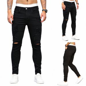 2023 nuovi jeans skinny uomo nero slim strappato pantaloni in denim elasticizzato maschio Jean colore solido quotidiano Hip Hop pantaloni skinny con foro uomo F7XX #