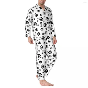 Startseite Bekleidung Pyjamas Herren Hundepfoten-Muster Tägliche Nachtwäsche Tierliebhaber 2-teiliges Vintage-Pyjama-Set mit langen Ärmeln Warmer Übergröße-Anzug