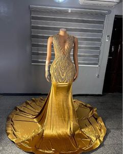 Guld sammet aftonklänningar för kvinnor som pärla o hals sjöjungfru prom klänning diamant kristall ren meah vestidos de novia