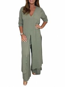 2024 Estate Fi delle nuove donne Set Split Lg Top casual pantaloni larghi a due pezzi Set elegante di grandi dimensioni allentato Set 59it #