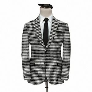 plaid Blazer for Men 1 PCS Suit Jacket with Side Slit Slim Fit Houndstooth Checked Casual Coat 2024 T8sY#