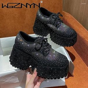 Casual Shoes Rhinestones Thick Sole Platform Pumps Fashion Wedges Super High Heel Square Toe Loafers Increasing Female Single