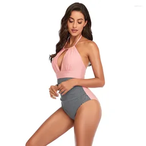 Kvinnors badkläder Bikini One Piece Shoulder Neck Stripe Swimsuit Color Matching Slim One-Piece