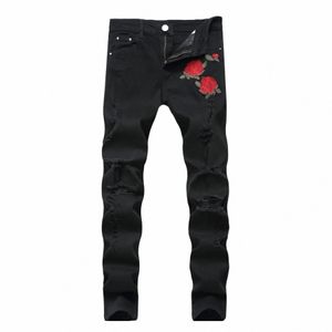 Fi Rose Embroidery Men Jeans Design Slim Fit Cott Black Ripped Jeans for Men Denim Pants Brand Classical Jeans Plus Size T8XB＃