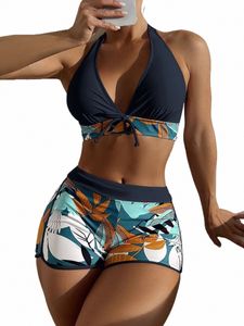2023 Halter Bikini Set Short Baddräkt Kvinnor Hög midja Badkläder Kvinnliga tryckta badare Simning Badbad Swim Suit Beachwear C3LA#
