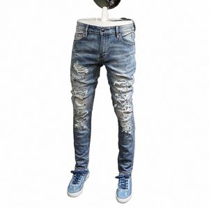 Street Fi Homens Jeans Retro Azul Elástico Pintado Skinny Rasgado Jeans Homens Beading Remendado Designer Hip Hop Marca Calças Hombre 58Fg #