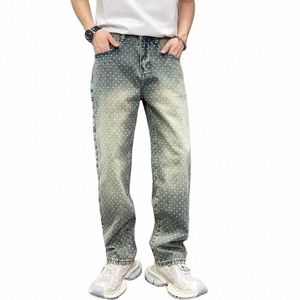 Yeni Polka Dot Baskılı Erkekler Kot pantolon düz bacak denim dış giyim erkeğinin y2k bol pantolon 11xp#