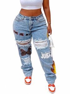 lw Plus Size High-Waist Print Stretchy Jeans Straight Zipper Fly Stretchy Daily Bainha Fi calças femininas Streetwears K9qc #