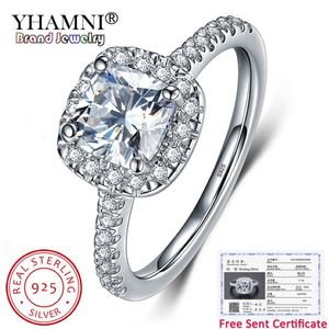 Yhamni enviado certificado de luxo 10%% original 925 prata 8 8mm 2 quilates cristal quadrado zircônia diamante anéis de casamento para mulheres2815