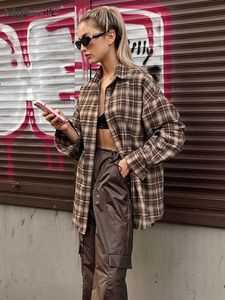 Mnealways18 Vintage Plaid Shirts Women Loose Gingham Female Blouse Spring 2024 Button Top Shacket Oversized Long Shirts Ladies 240328