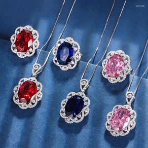 Colar brincos conjunto design oco 15x20mm forma oval vermelho rubi azul safira rosa zircão cúbico pingente anel ajustável jóias femininas