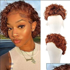 Koronkowe peruki 13x1 pixie curl krótki bob kolor 350 Brazylijskie ludzkie włosy dla czarnych kobiet wysoko upuszczane produkty dostarczania DH0V1