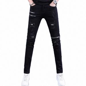 fi Korean Style Black Skinny Jeans knee zipper Luxury Men's Streetwear Slim Jeans with Holes Casual Wear Motorcycle Jeans w8pB#