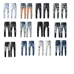 Calças de brim roxas Designer de marca Mens Long Fitness Calças denim pregas rasgadas lavagem plissada slim denim cor clara Lazer e versátil, confortável uso diário hip-hop