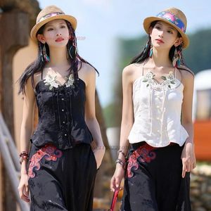 Ethnic Clothing 2024 Traditional Women's Crop Tank Tops National Flower Embroidery Camisole Vest Tanks Sleeveless Oriental Folk Shirt