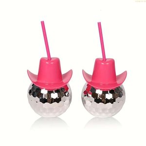 1pc, 600ml Glitter Disco Ball Western Cowboy Tumbler with Hat Lid Straw - Party and Travel Drinkware