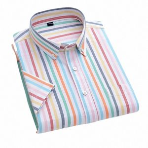 new Men's Casual Cott Oxford Striped Shirt Single Patch Pocket Short Sleeve Standard-fit Comfortable Butt-down Shirts Z5Gm#