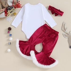 Conjuntos de roupas da criança roupas meninas roupas de natal carta impressão manga longa macacão flare calças bandana 3 pçs conjunto bebê