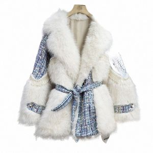 european 2021 Winter New Pearl Sequins Elegant Fur Warm Slimming Jacket Women's Fi Beading Streetwear Patchwork Parkas Coat F27S#