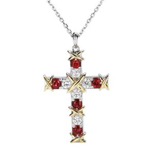 قلادة بسيطة من Ruby Diamond Cross Real 925 Sterling Silver Party Bendants Necklace for Women Men Moissanite Jewelry Gift206e